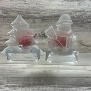 Glass Heavy Tea Light Candle Holders Christmas Snowman And Christmas Tree